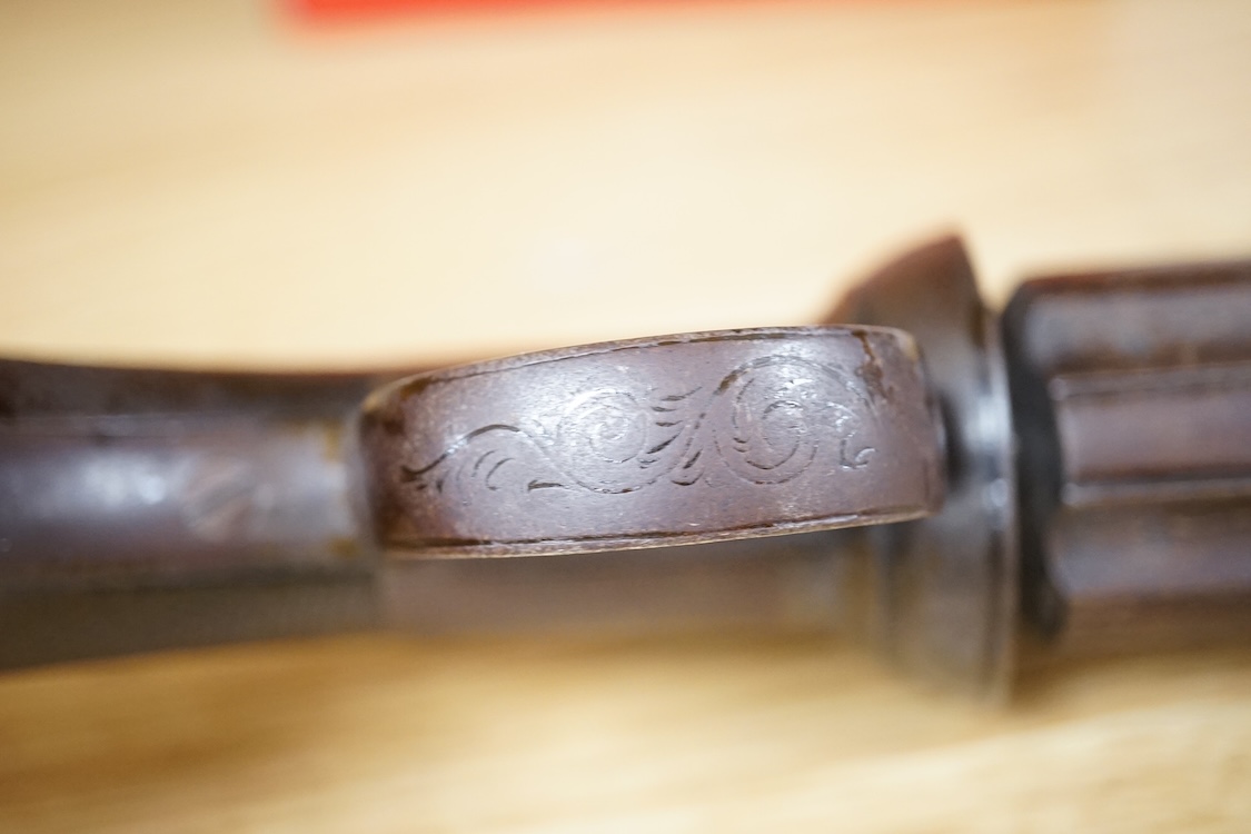 A six shot 120 bore self-cocking percussion pepperbox revolver with fluted barrels, Birmingham proof, rounded foliate engraved frame, and two-piece chequered walnut grips